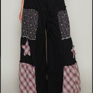 POL Black and Red Patchwork Wide-Leg Pants